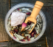 Load image into Gallery viewer, Loose Sage w Palo Santo chips a authentic raw ROSE QUARTZ and more
